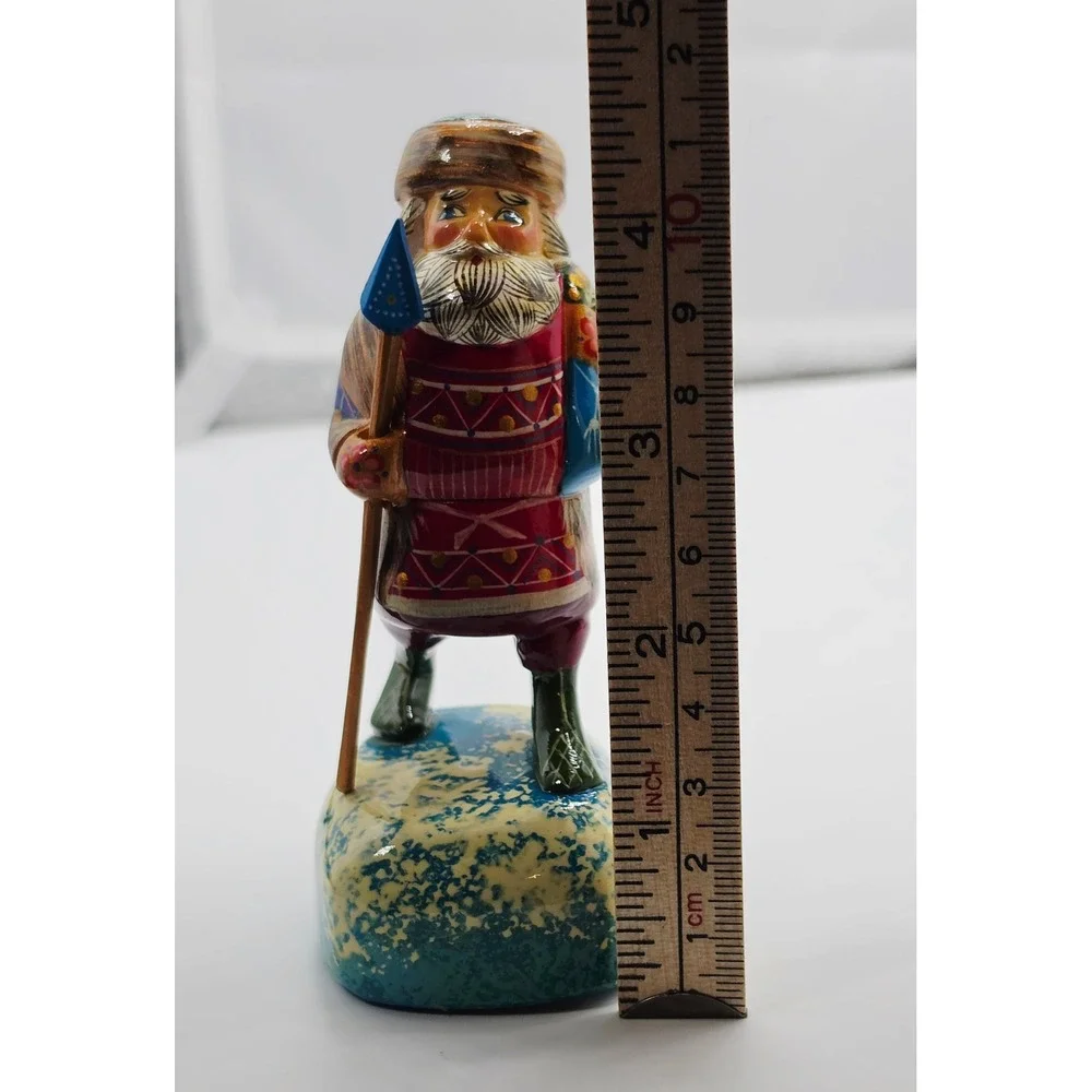 Russian Bogorodskoye Ded Moroz Santa Hand Carved Painted Wood Figurine Signed